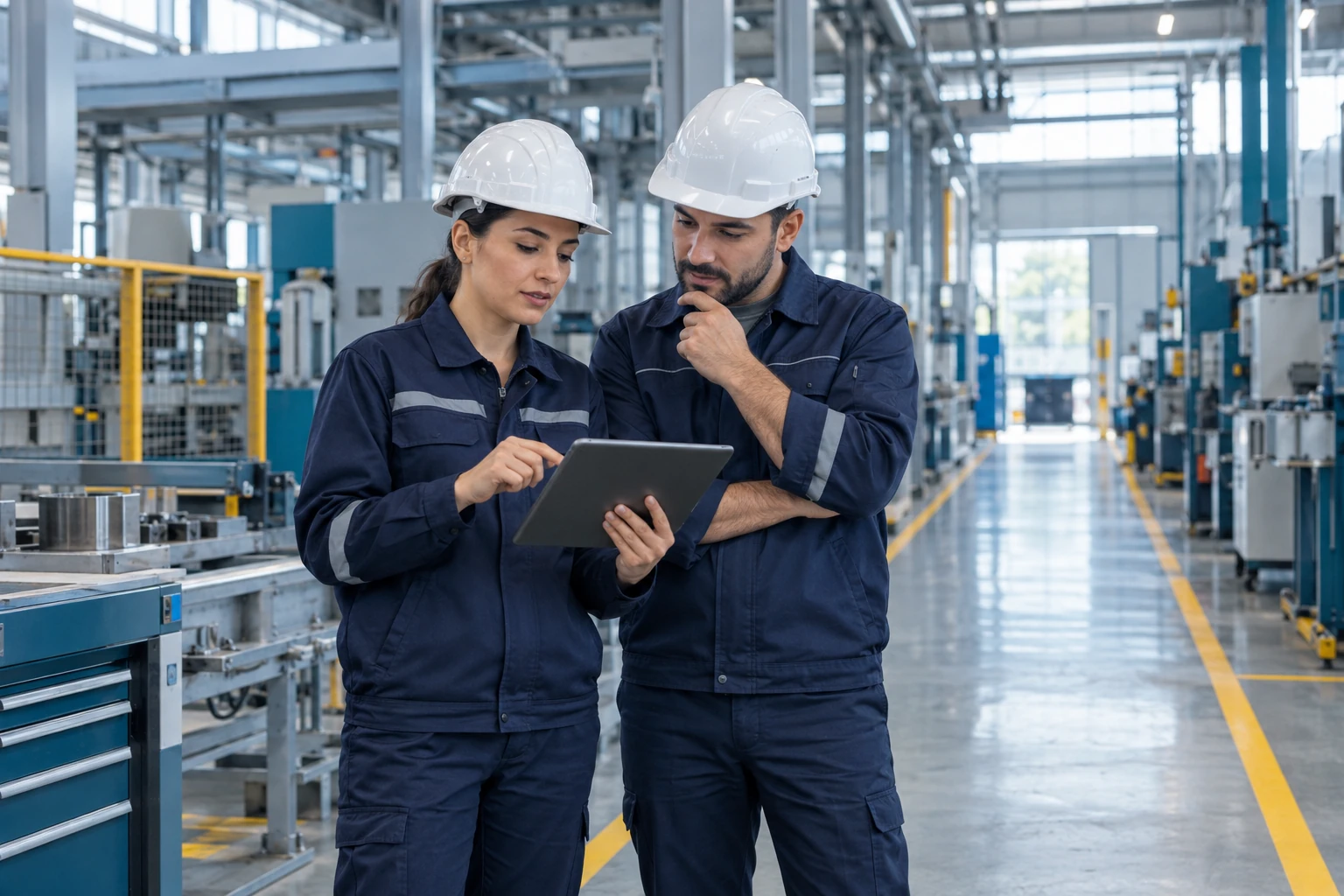Üretim tesisinde tablet üzerinden çalışma planını değerlendiren iki iş güvenliği profesyoneli