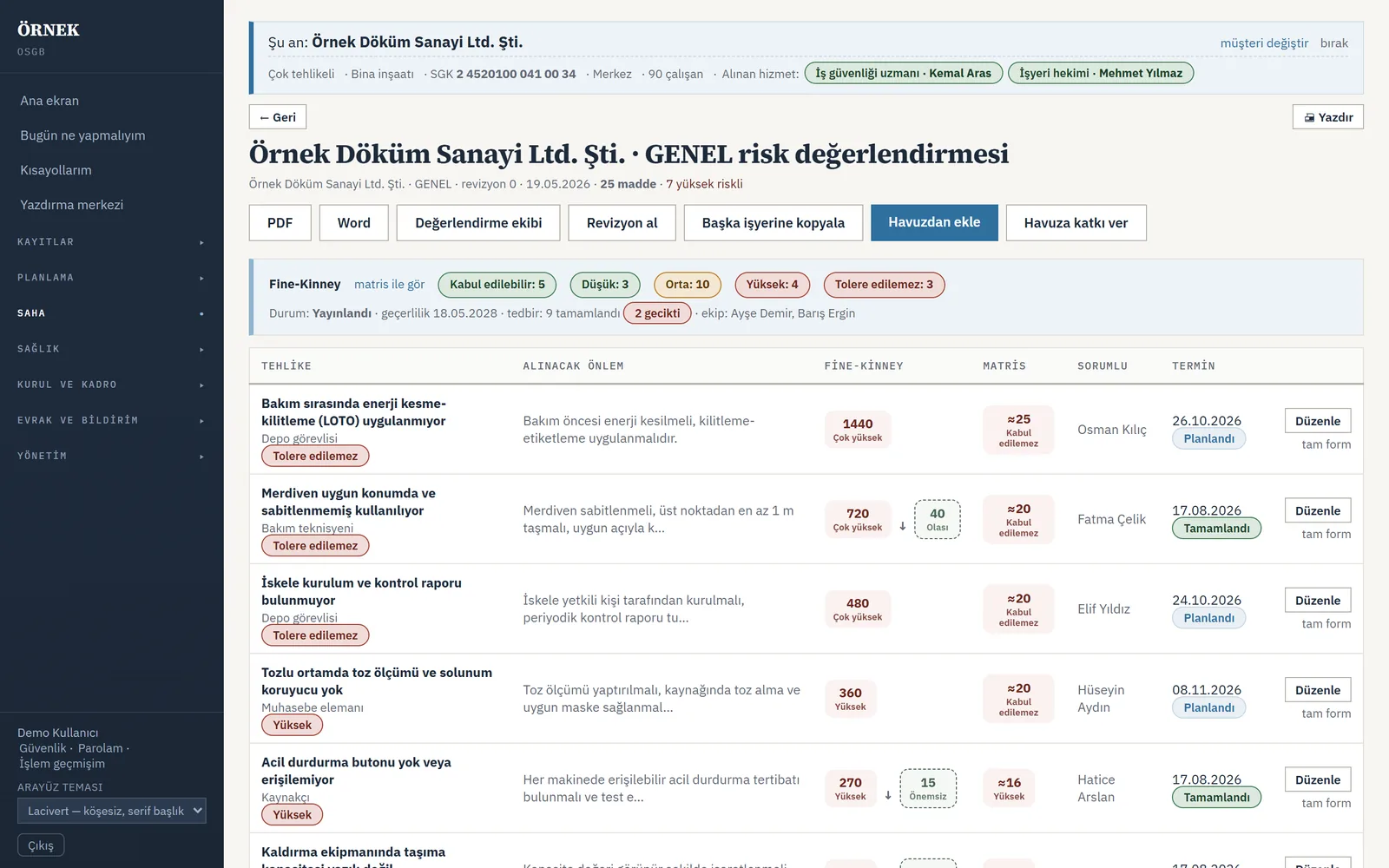 Genel risk değerlendirmesi ekranı